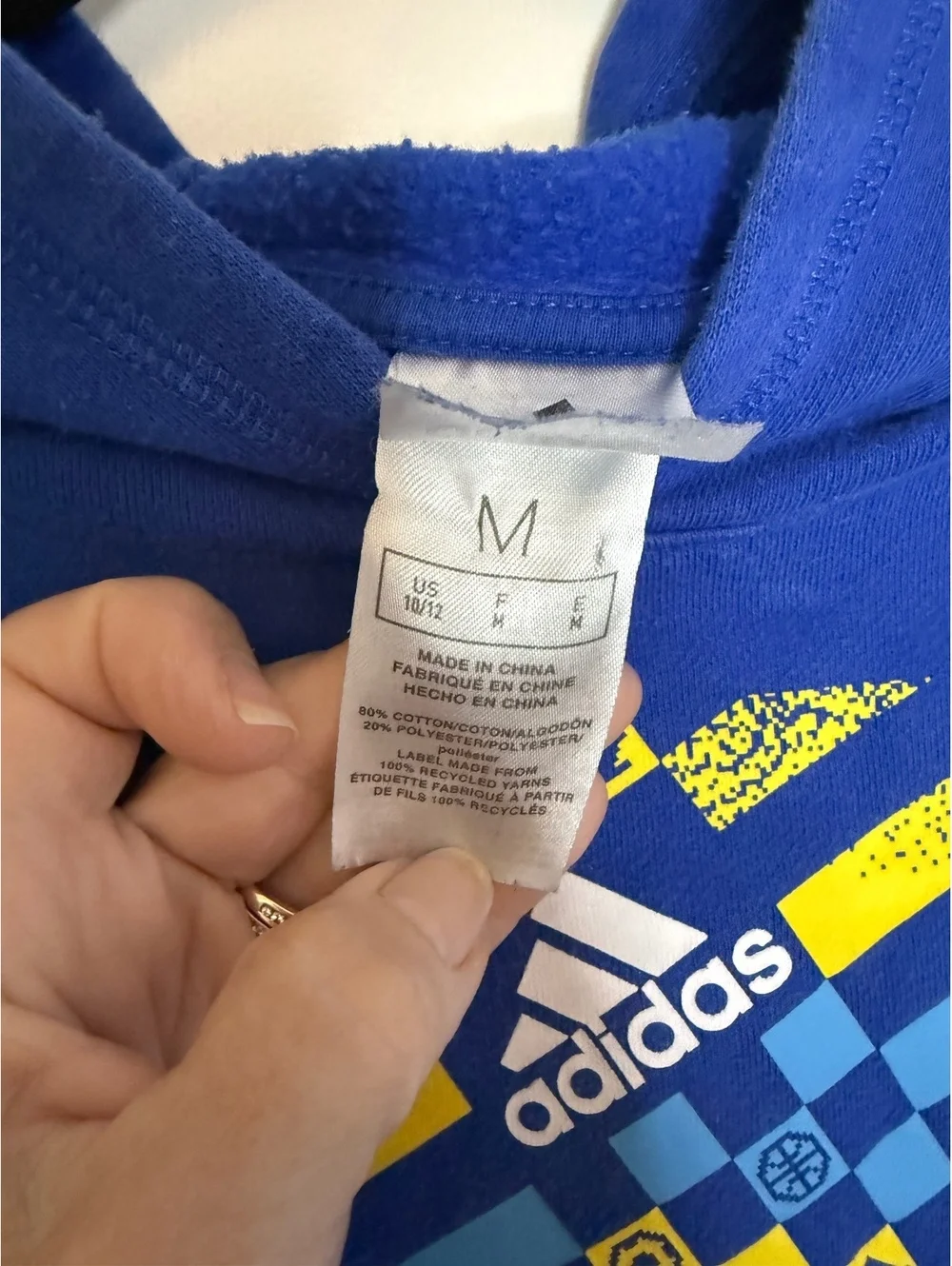 Adidas Boys' Blue Hoodie Sweatshirt with Colorful Graphic Design, Size M (10/12)